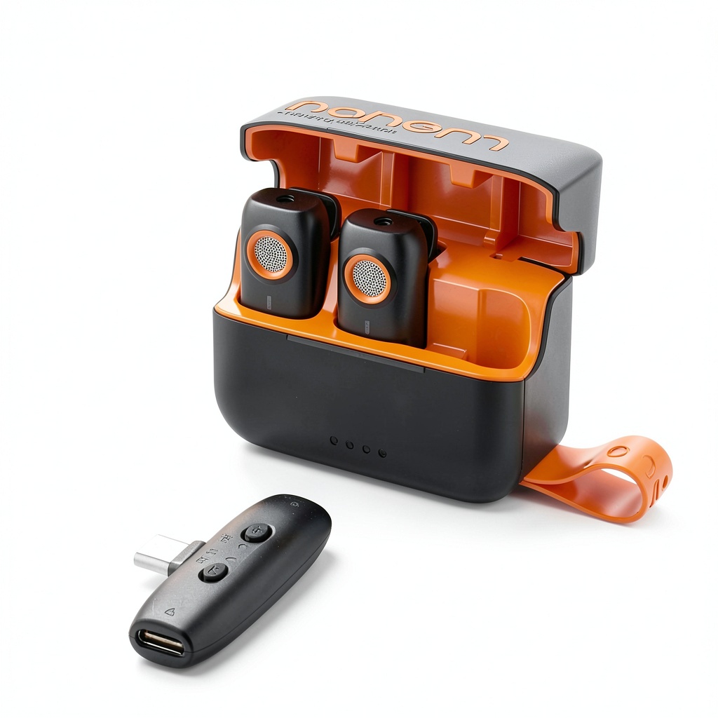 Hohem MIC-01 wireless microphone system components displayed on a table