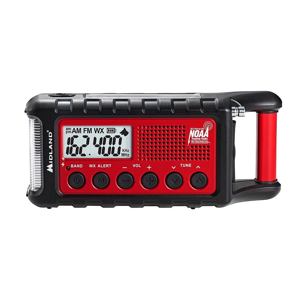 Midland emergency crank radio displaying power options and SOS flashlight